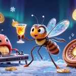 Engage with J88's vibrant casino scene featuring a frozen mosquito mascot amid crypto elements.