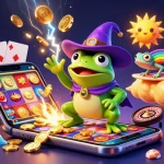 Engaging scene of online casinos featuring a wizard frog and chameleon amidst floating coins and casino elements.