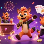 Join the fun at VSBET's lively casino with hyenas serving drinks, jokes, and security amidst vibrant gaming action.