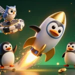 Experience slot gaming excitement with 68WIN’s dazzling 3D casino illustration featuring a golden penguin and crypto elements.