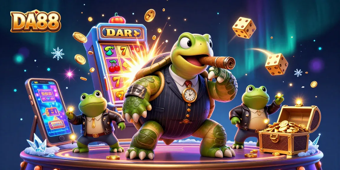 Experience DA88 with a vibrant casino scene featuring a snapping turtle and bullfrog enforcers amidst slot machines and casino chaos.
