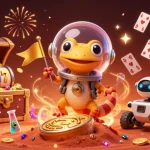 Experience 13win’s vibrant Martian casino scene with golden treasures and cheering aliens.