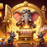 Spin the NEW88 slot machine with a steampunk elephant engineer surrounded by treasures and gems.
