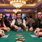 rokok88 poker game with friends at a vibrant casino, celebrating wins
