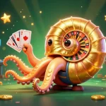 Engage with exciting casino gameplay at KK55, featuring a giant nautilus as a roulette wheel and glowing game elements.