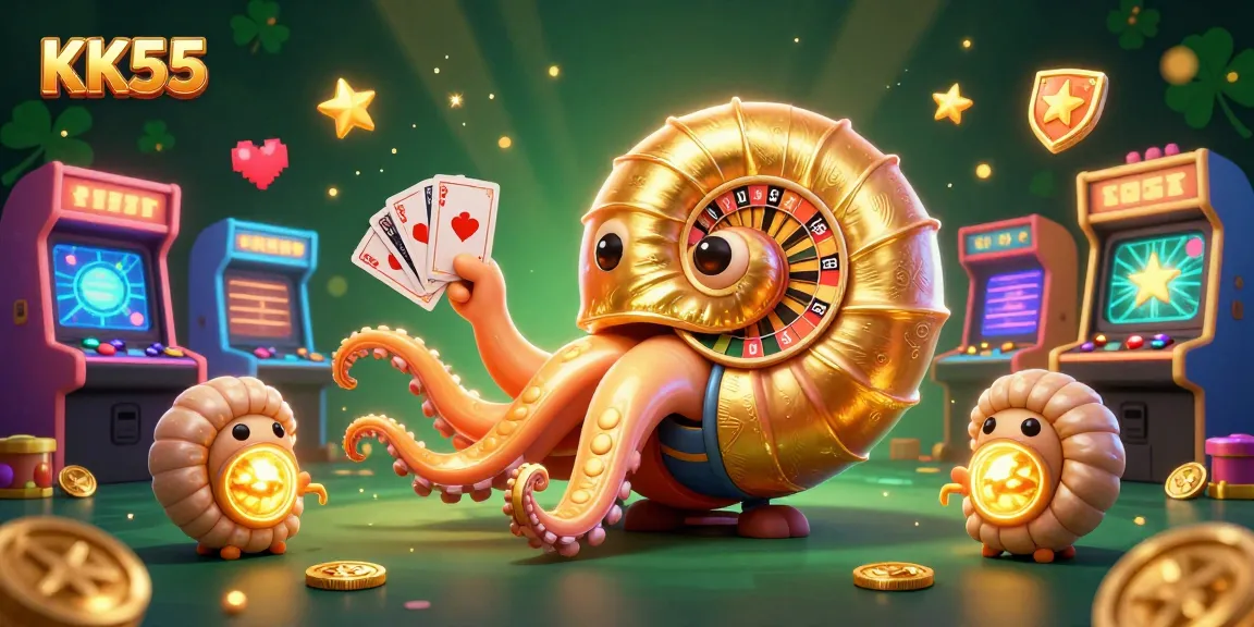 Engage with exciting casino gameplay at KK55, featuring a giant nautilus as a roulette wheel and glowing game elements.