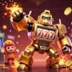 Engage with Sunwin’s thrilling golden gorilla mech amidst vibrant arcade gaming elements.