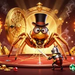 Poker strategy comes alive in a dynamic scene featuring a giant golden tarantula and beetle knight amidst treasures.