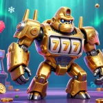 S8 showcases a vibrant 3D illustration of a golden gorilla mech amidst colorful gaming elements, embodying dynamic casino excitement.