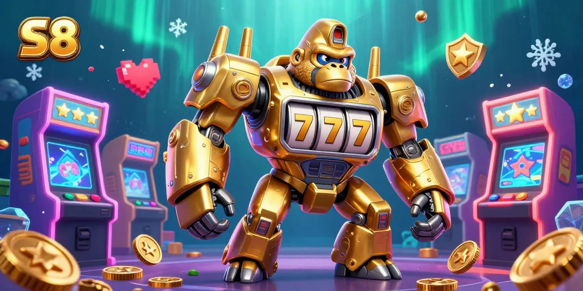 S8 showcases a vibrant 3D illustration of a golden gorilla mech amidst colorful gaming elements, embodying dynamic casino excitement.