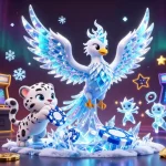 Engage in thrilling gameplay at FB68 with a lively scene showcasing an ice phoenix, poker elements, and arcade machines.