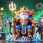 Experience the excitement of Sunwin with a vibrant 3D illustration of Neptune and dynamic casino elements.