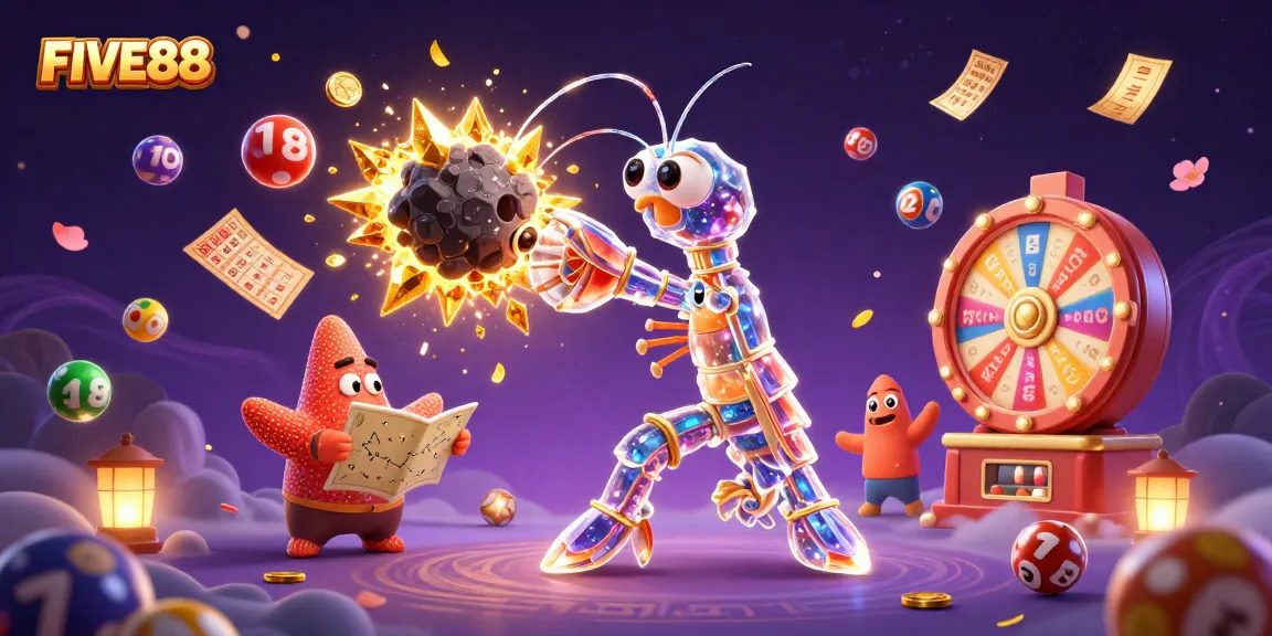 Join the excitement at FIVE88 with vibrant lottery balls and dynamic casino elements.