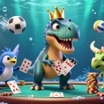 Fishing-themed 3D cartoon scene with a T-Rex shuffling cards and aquatic elements.