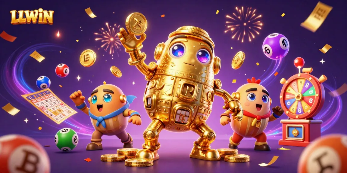 Experience the excitement of LLWIN with vibrant lottery elements and celebratory effects.