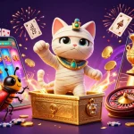 Play thrilling games with 789BET illustrated by a mummy cat and magical designs in a pyramid casino.
