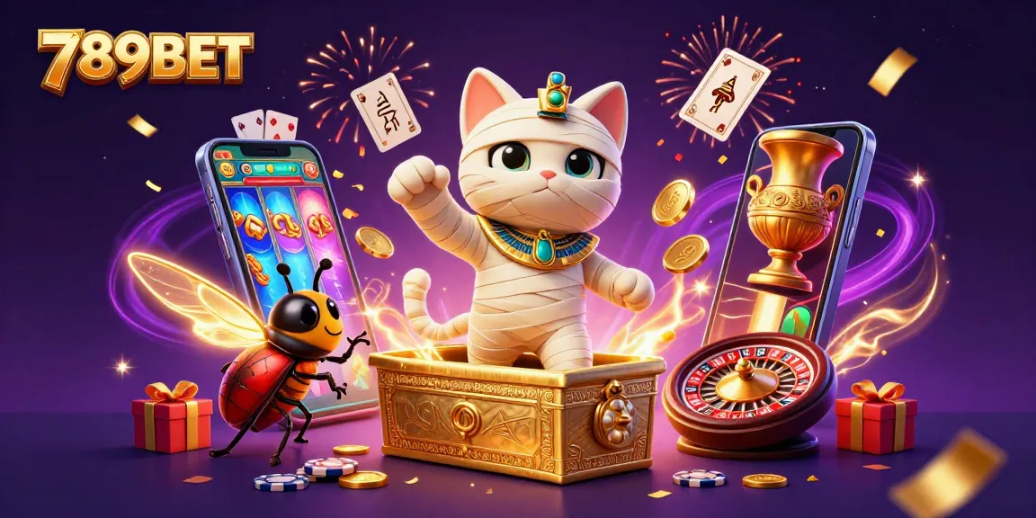 Play thrilling games with 789BET illustrated by a mummy cat and magical designs in a pyramid casino.