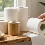 Bamboo Toilet Paper displayed in a stylish eco-friendly bathroom setting, illustrating sustainable luxury and comfort.