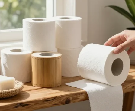 Bamboo Toilet Paper displayed in a stylish eco-friendly bathroom setting, illustrating sustainable luxury and comfort.