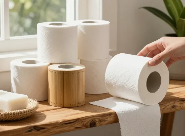 Bamboo Toilet Paper displayed in a stylish eco-friendly bathroom setting, illustrating sustainable luxury and comfort.