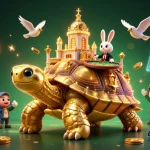 Experience winnings at 789win with vibrant 3D illustration depicting a golden tortoise casino and rabbit dealer.