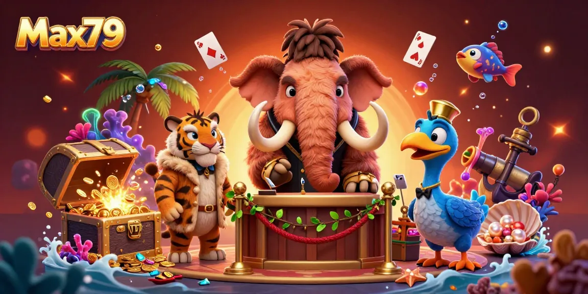 Max79 showcases a vibrant 3D casino scene with a mammoth bouncer, saber-tooth guest, and dodo doorman.