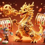 Nbet spins luck with a golden dragon and festive slot elements in a vibrant casino scene.