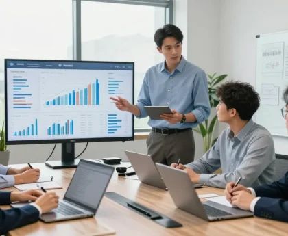 Équipe de professionnels du secteur bancaire CIBC business collaborant autour d'une réunion stratégique avec des tableaux de bord financiers.