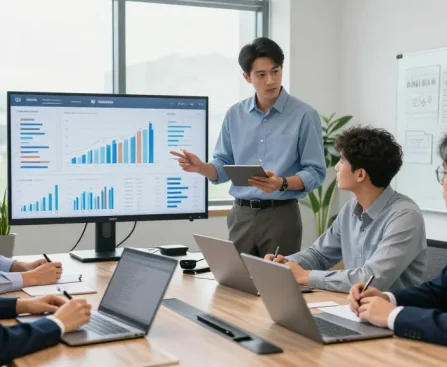 Équipe de professionnels du secteur bancaire CIBC business collaborant autour d'une réunion stratégique avec des tableaux de bord financiers.