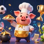 Man88 showcases a festive casino scene with a chef pig serving gold coins amidst sports elements.