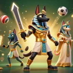mb66 sports betting action scene with Anubis warrior and golden trophy elements