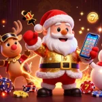 Experience excitement with vipwin's vibrant jackpot scene featuring Santa and friends in a dynamic casino.