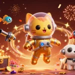 Experience the thrill of OKWINTV with a 3D astronaut cat and dog amidst a vibrant casino adventure.