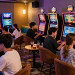 Engaging online gaming experience on oppa86 situs, with players enjoying vibrant slot machines in a modern lounge.