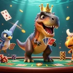 Experience thrilling games at SC88 with a T-Rex shuffling cards, triceratops stacking chips, and dynamic casino elements.
