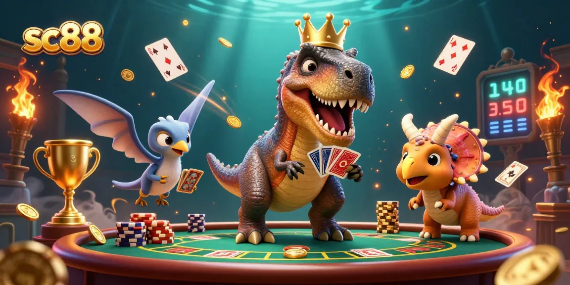 Experience thrilling games at SC88 with a T-Rex shuffling cards, triceratops stacking chips, and dynamic casino elements.