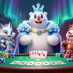 U888 showcases a thrilling casino scene with an ice king polar bear and snow fox amidst poker excitement.
