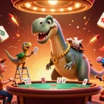 Players enjoy ee88 login with a vibrant casino scene featuring a giant dinosaur and dynamic game elements.
