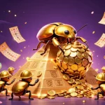 Experience excitement with fly88 as a golden beetle rolls coins at a vibrant casino.