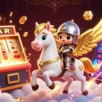 Experience thrilling tikus4d gameplay with a magical knight and celestial horse amidst a jackpot explosion.