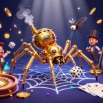 Win big with zbet as the steampunk spider spins its golden web in a vibrant casino scene.