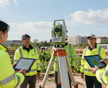 Topographical surveys london & Surrey conducted by expert team at construction site with detailed equipment.