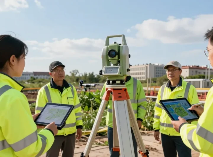 Topographical surveys london & Surrey conducted by expert team at construction site with detailed equipment.