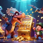Go 8 jackpot scene showcasing a pachycephalosaurus and a casino manager amidst flying coins, emphasizing excitement.