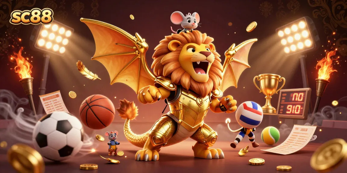 sc88 presents an exhilarating scene of a chimera and mouse jockey amid dynamic sports elements.
