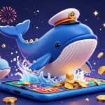 Engage in thrilling slot adventures with MAY88's whale and dolphins surrounded by coins and poker chips.