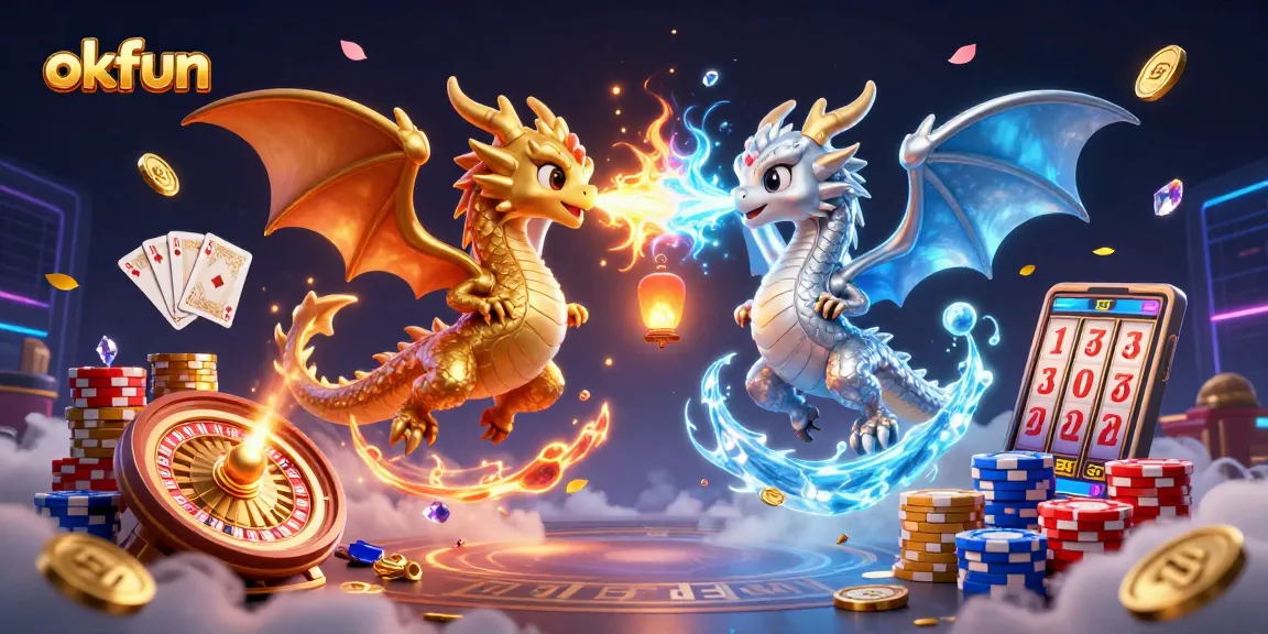 Engage in thrilling gameplay at okfun with iconic dual dragons and casino elements sparkling around