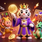 Experience the thrill of Uy88 with a vibrant casino scene featuring a white tiger and jester monkey.