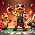 Experience thrilling poker strategies with 7m while raptors try to enter a VIP lounge in a casino scene.