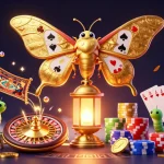 Experience excitement at thungphim with an amazing casino-themed illustration featuring dazzling moths and vibrant gold.